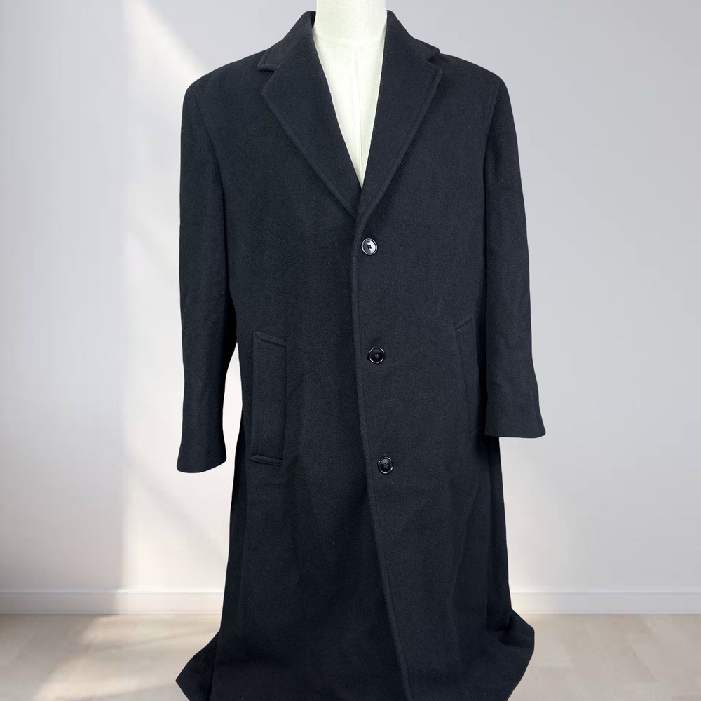 Stafford Wool Overcoat Men 42 Black Lined Inner Pockets 3 Button Trench Top Coat